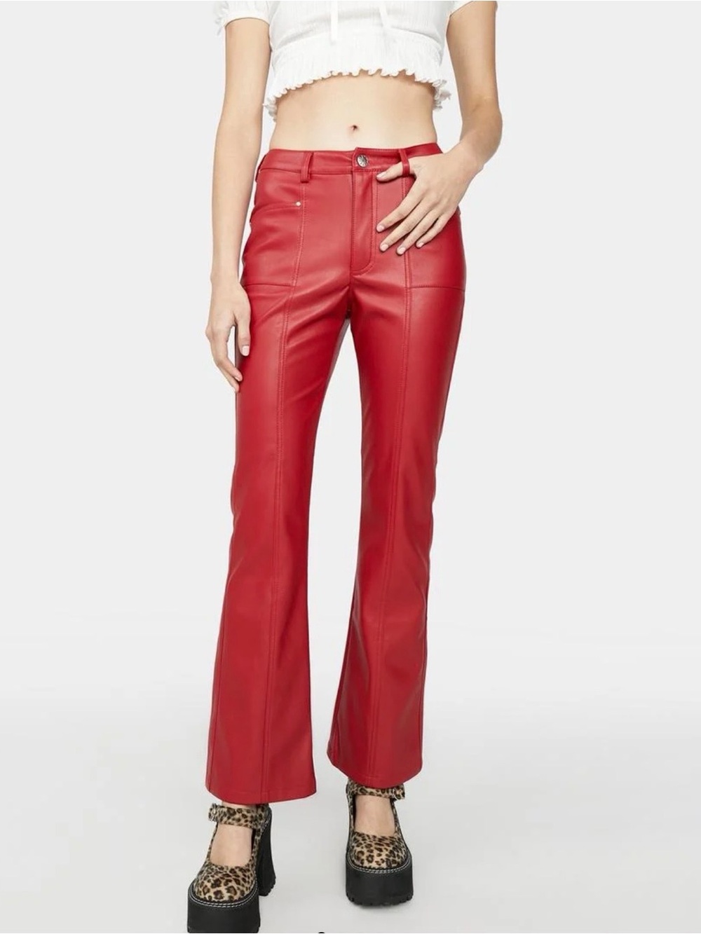 dELiAs by Dolls Kill Red Faux Leather Pants Size M Mid Rise Boot Cut Y2K PU - Picture 2 of 6